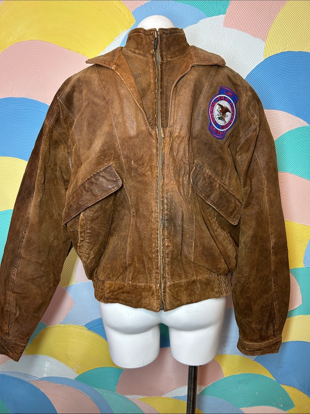Adventure Bound Brown Suede Bomber Jacket with Embroidered Patch Mens sz L